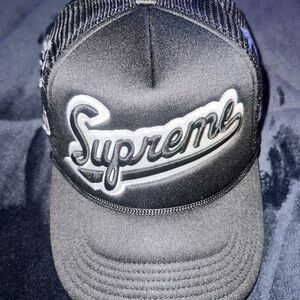 Supreme Black and White Script Trucker Hat